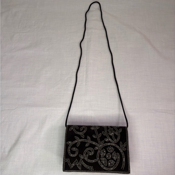 Vintage Black Pressed Velvet with Silver Floral Beading Clutch or Shoulder Bag - Picture 11 of 11